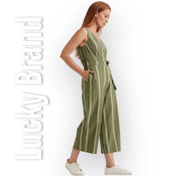 Lucky Brand Daisy Jumpsuit Green Striped V-neck Wide Leg Cropped Pant Women’s XS - Picture 3 of 16